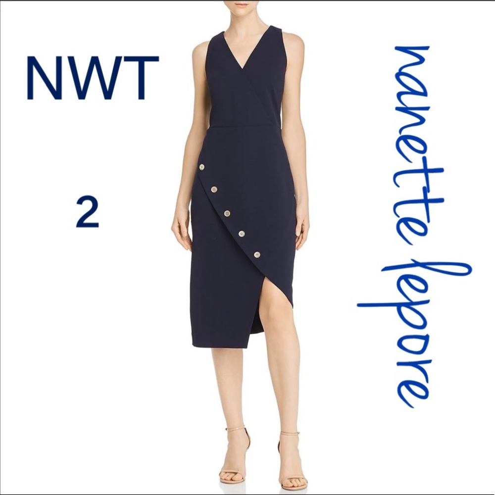 NWT (S) Nanette Lepore navy shift midi asymmetric double V gold button hardware